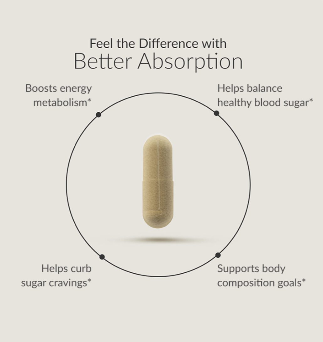 Feel the Difference with Better Absorption: boosts energy metabolism, helps balance healthy blood sugar, helps curb sugar cravings, and supports body composition goals