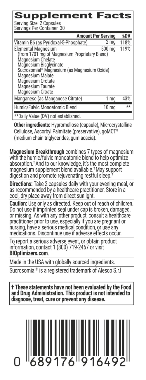 Magnesium Breakthrough Nutrional Information