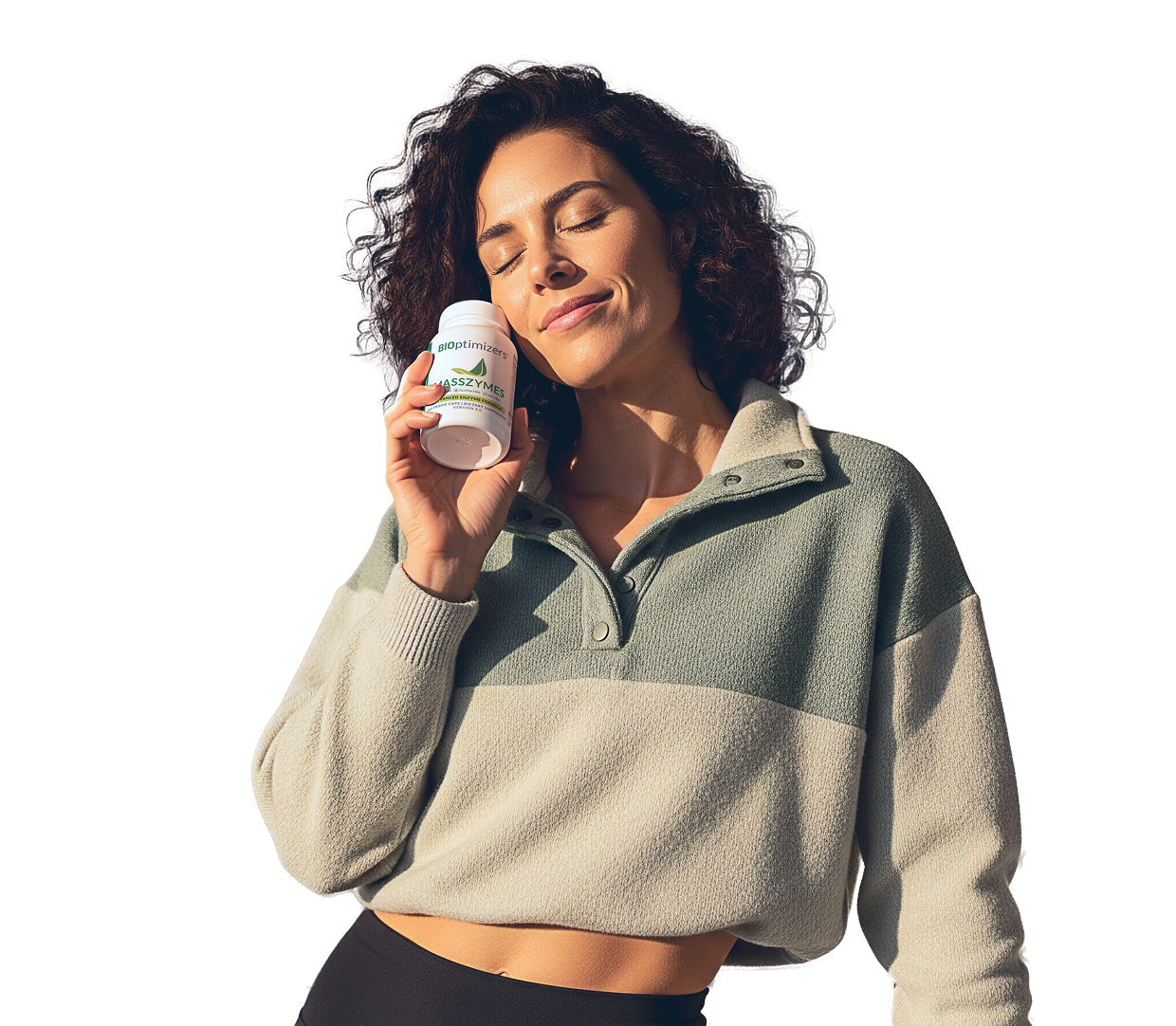 Woman holding MassZymes bottle
