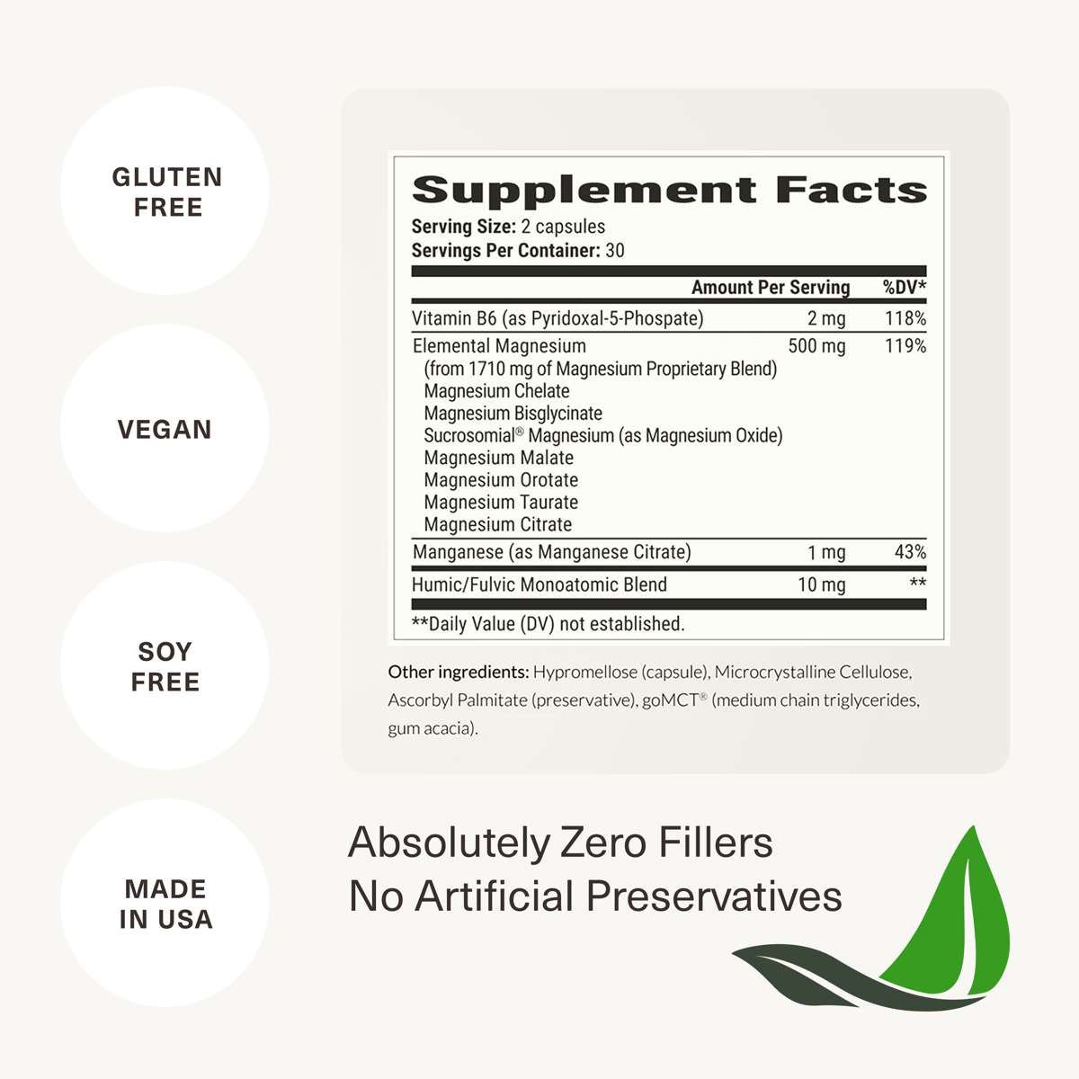 Magnesium Breakthrough supplement facts and certifications