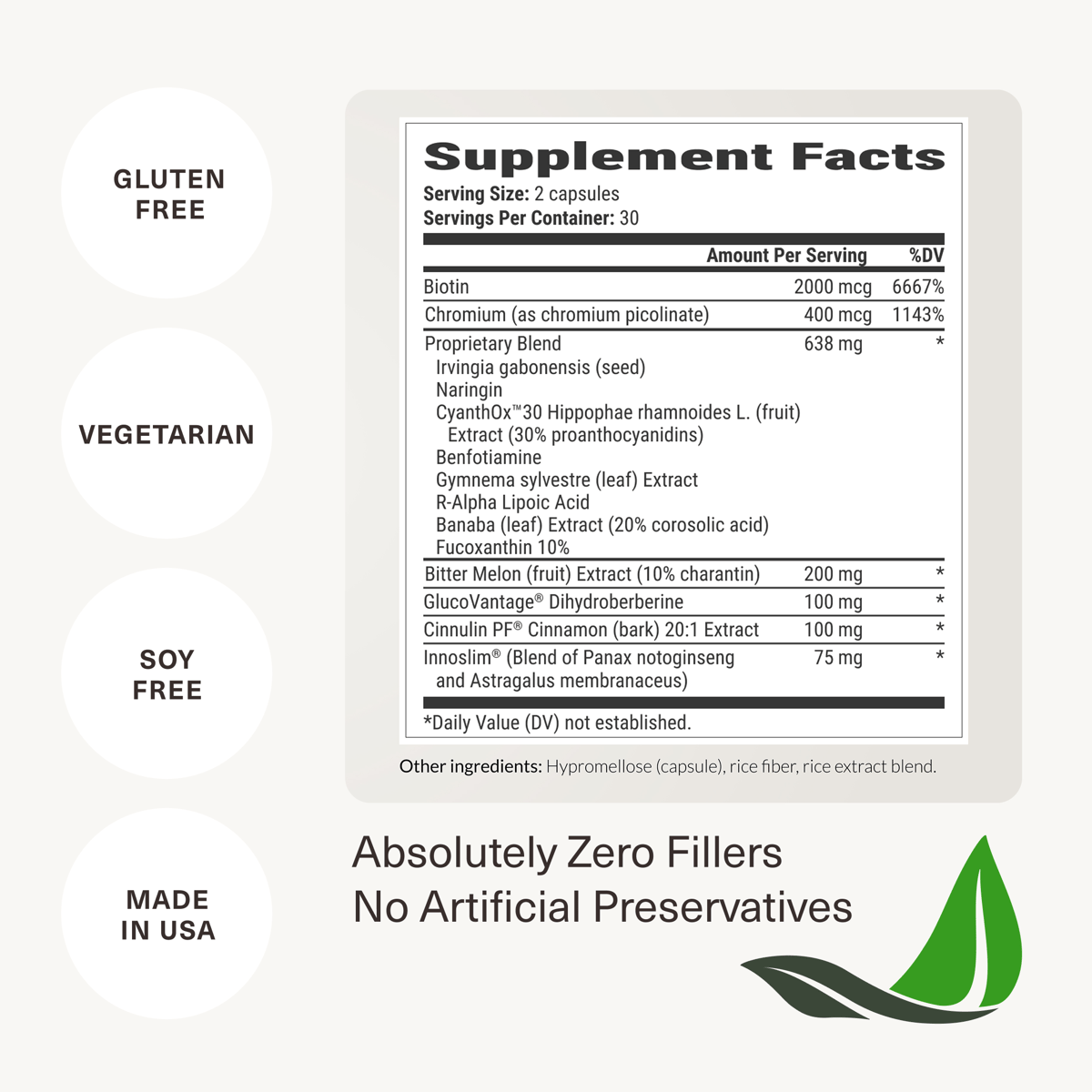 Berberine Breakthrough supplement facts with gluten free, vegetarian, soy free, and made in USA certifications — zero fillers, no artificial preservatives