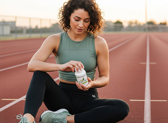 Woman holding product on running track