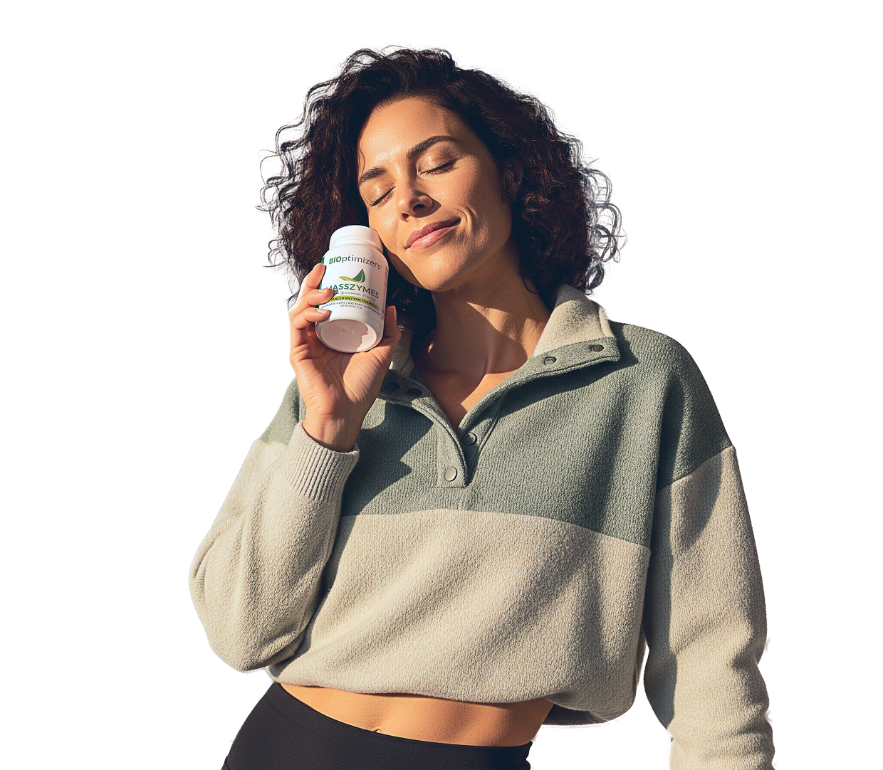 Woman holding MassZymes bottle