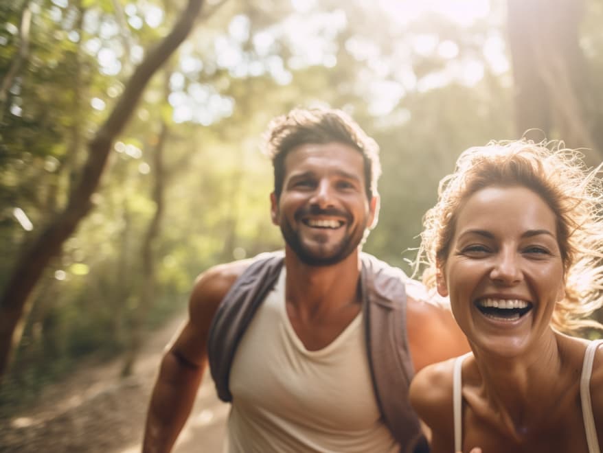 Happy couple running