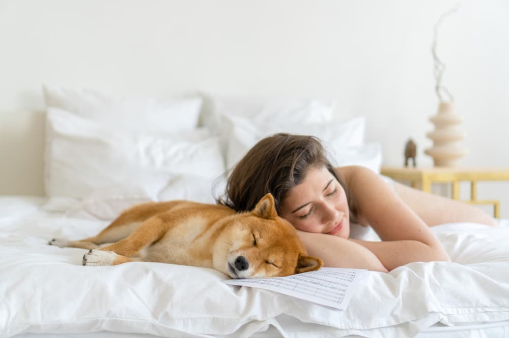 Woman and dog sleeping peacefully