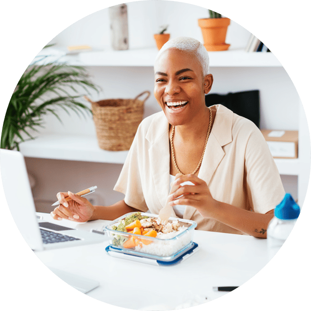 Happy woman at desk